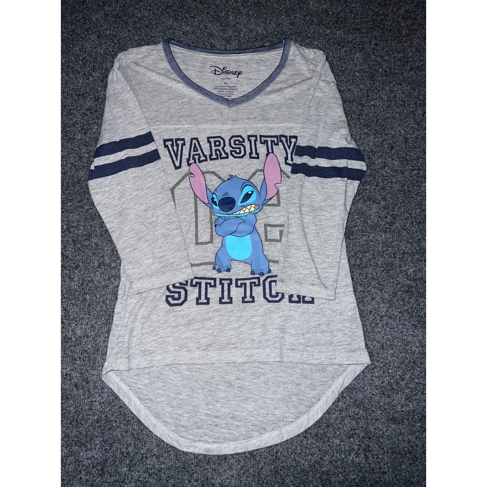 Disney Lilo and Stitch Varsity Graphic Tee Gray XS 3/4 Sleeve High Low Hem